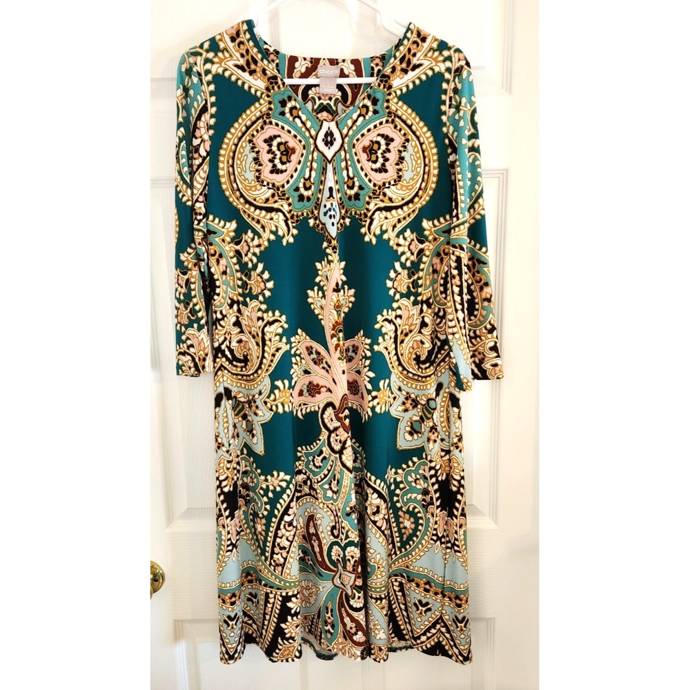 Chico's Fleur-Print Teal Dress Women's Size 1 Stretch Comfort 8/10 Tapestry